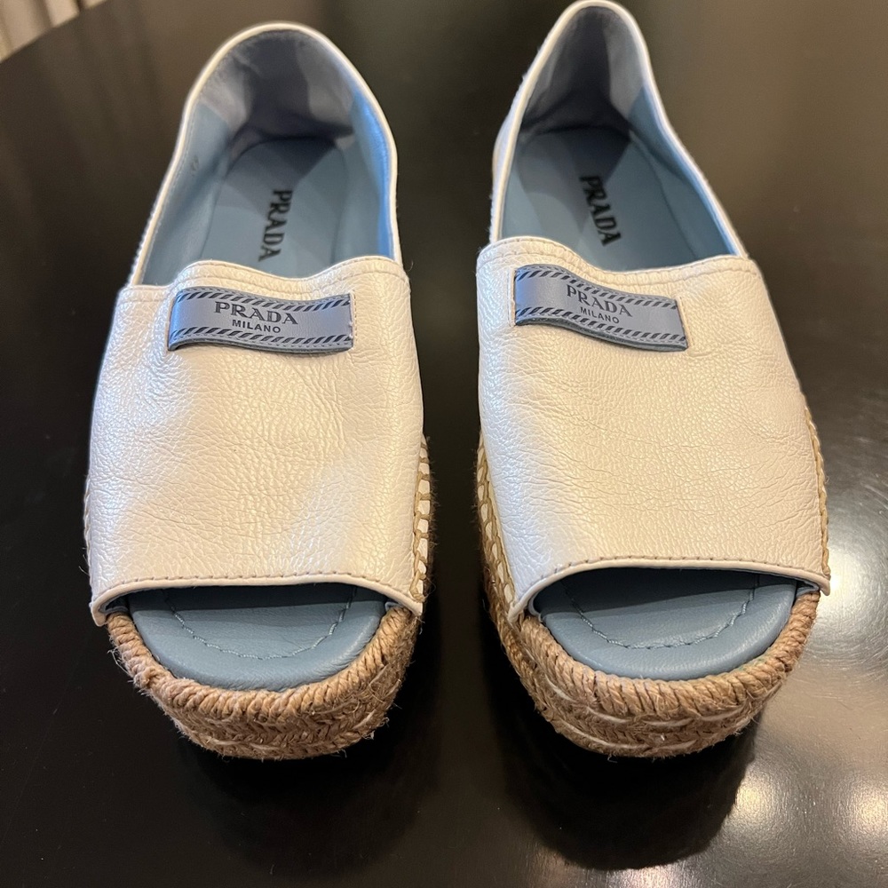 Prada white platform peel toe espadrille.